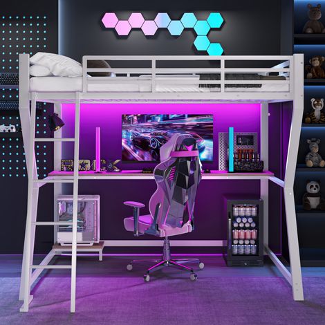 Lit mezzanine 90 x 200 cm avec bureau, étagère pour unité centrale, prise + USB, éclairage LED et structure en métal et MDF - blanc (1/5)