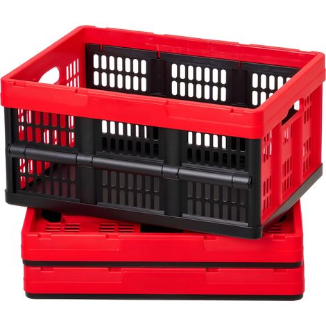 Mophorn Scatole portaoggetti pieghevoli in plastica da 32 L, set di 3 contenitori impilabili con maniglie, capacità massima 12 kg, design robusto e salvaspazio, colore rosso/nero (1/5)