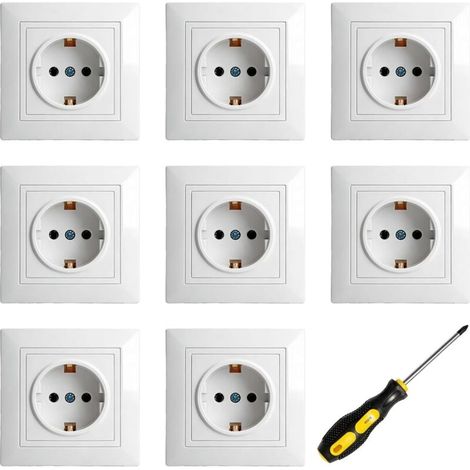 Lot de 8 prises encastrées 220 V 250 V 16 A avec protection de contact accrue, 1 compartiment contact de protection - Prise murale 82 mm pour salon, cuisine, bureau (blanc) (1/5)