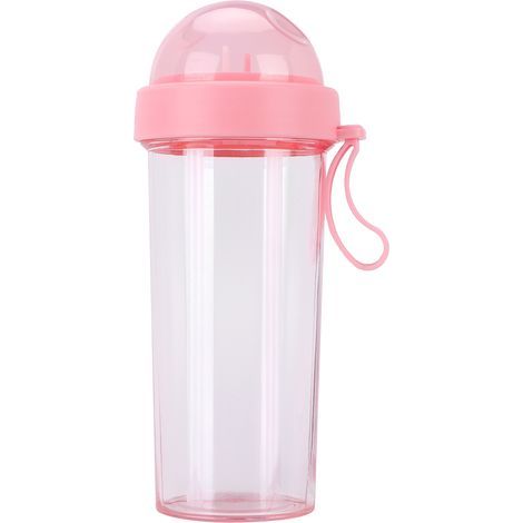 Gourde portable 600 ml avec deux pailles, gobelet à boire double usage pour voyage extérieur sport rose (1/4)