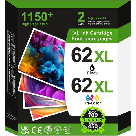 62 XL Cartouches d'impression Multipack,62XL Cartouches Noir et Couleur Compatible pour Cartouche HP 62 pour Envy 5541 5544 5646 5744 5540 5542 5546 5640 5646 OfficeJet 200 200c 250 250c 5740 (1/5)