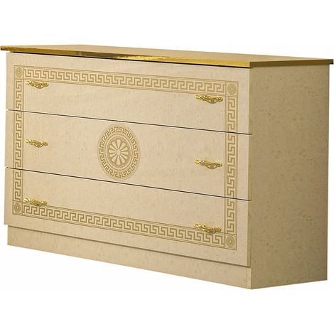 Commode 3 grands tiroirs bois brillant beige et doré Savana (1/3)