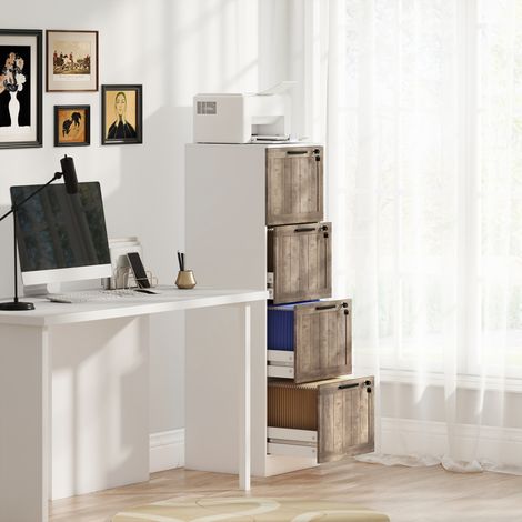 Cajonera de Escritorio con 4 Cajones Cerradura 2 Llaves Barras Colgantes para A4 Carta 39,4x40x129 cm Blanco y Madera (1/5)