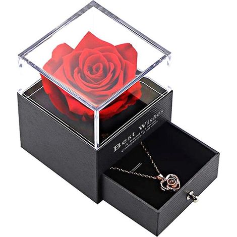 Schachtel mit ewiger Rose und Halskette, konservierte Rosen und Kristallkette, Geschenk für Mutter, Ehefrau, Freundin (1/5)
