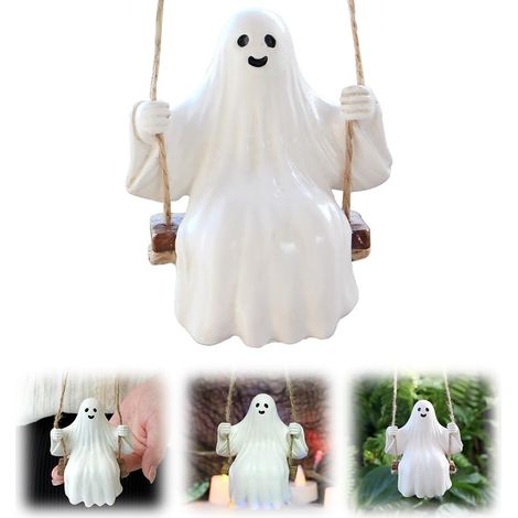 Halloween Cute Swing Ghost, 2024 Neuestes Halloween niedlich Schaukel Geist Harz Schaukel weißen Geist, Halloween Hängeschaukel Geister für Outdoor Halloween Dekoration (1) (1/5)