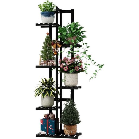 Support pour plantes en bambou - Étagère d'intérieur - Petit support de fleurs en métal pour terrasse, jardin, balcon, salon, chambre à coucher (noir, 6 niveaux) (1/5)