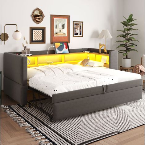 Divano letto in flanella grigio scuro 90/180x190 cm con LED, prese e vani portaoggetti (1/5)