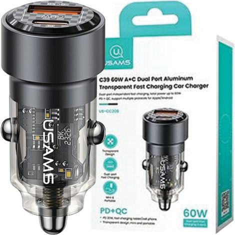 Usams Autoladegerät C39 USB+USB-C 60W Schnellladung schwarz/schwarz CC208CC01 (US-CC208) (1/5)