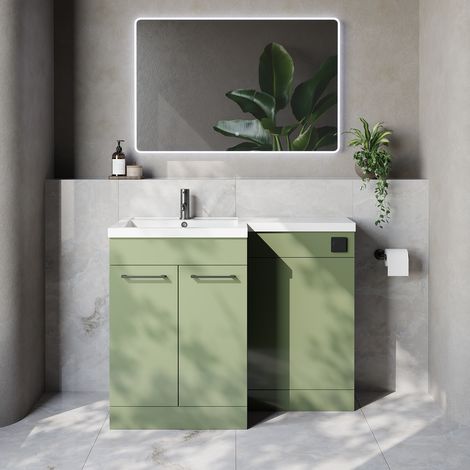 Napoli 460 Olive Green 1100mm 2 Door Vanity Unit Toilet Suite with Left Hand Square Lucia Basin - 1100mm - Gunmetal Grey 160mm HandleWithout Kingston Toilet Pan
