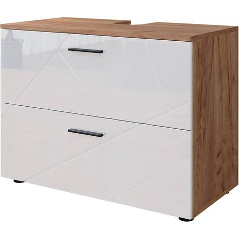 Meuble sous vasque simple Irma, Blanc brillant/Chêne doré, 80 x 58.6 cm, Vicco