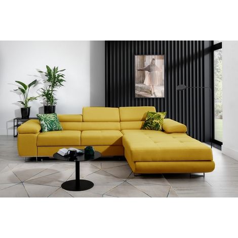 Canapé d'angle convertible ARMEL en tissu luxe 5 places, jaune moutarde, avec coffre, angle droit (vu de face) (1/5)