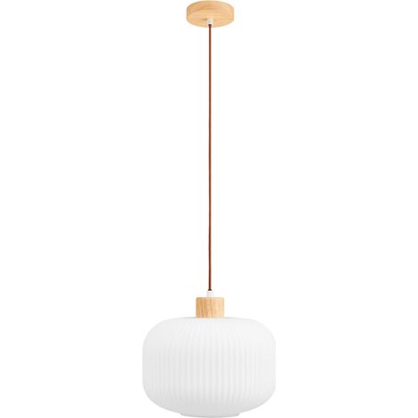 Suspension ronde en verre et bois ø30cm - Blanc - Argalo (1/5)
