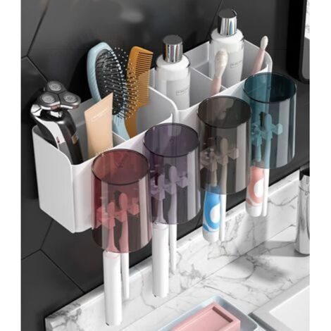 Porte-brosse à dents sans perçage, adhésif mural pour salle de bain – support multifonctionnel avec 4 gobelets et 8 emplacements pour têtes de brosse, design moderne et gain de place (1/5)