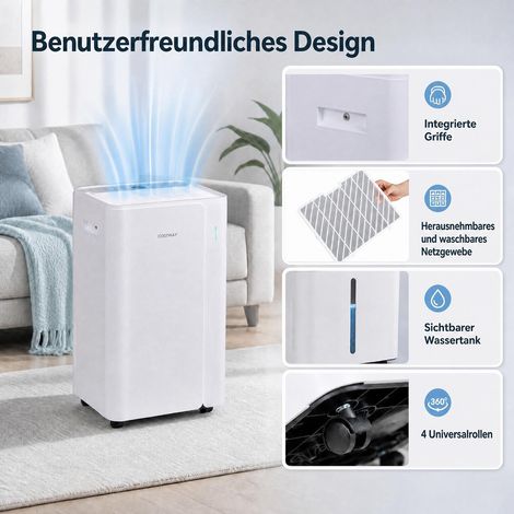 Déshumidificateur d'air portable 20 L/jour avec roulettes et 3 modes de déshumidification, tuyau de vidange pour maison (1/5)