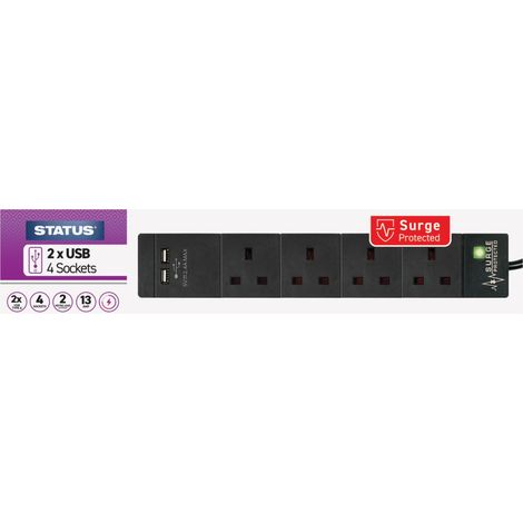 STATUS White Extension Lead 4 Way + USB A USB C Surge Protection 2m 4 Plug Gang