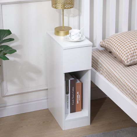 Slim Wood Bedside Table Bedroom Nightstand with Shelf and Drawer, Narrow Bathroom Small Floor Storage Cabinet Living Room End Table Sofa Side Table - White (1/5)