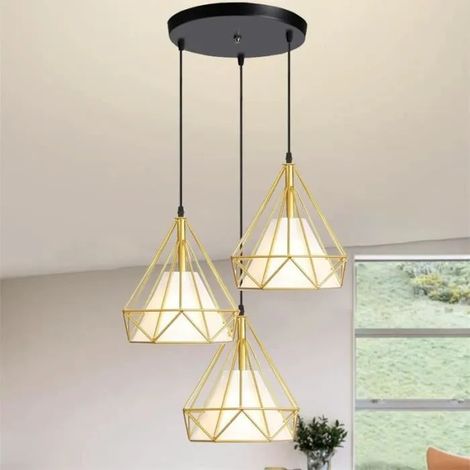 U-Do 3 Têtes Lustre Suspension design Vintage Lampe forme Diamant en Fer Doré 25cm Lustre Plafonnier éclairage pour Salon Cuisine (1/4)