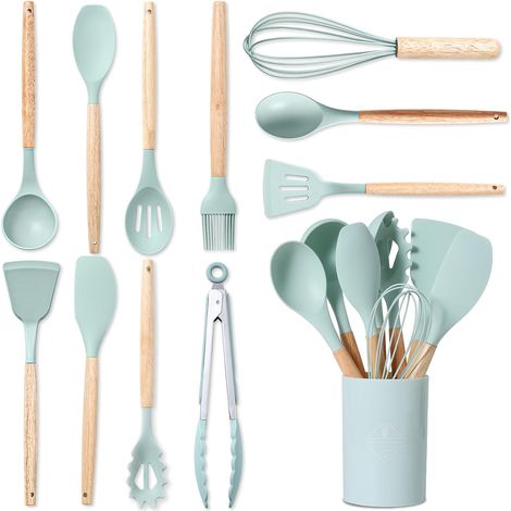 12 Ensemble Ustensiles de Cuisine Silicone - Set Ustensile Cuisine en Silicone et Manche Bois, Résistants à Chaleur et Antiadhésifs - Cuisine Accessoires pour Tous Batteries de Cuisine (Vert) (1/5)