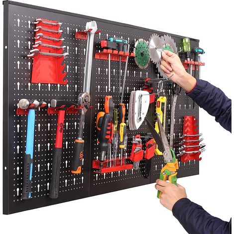 LIFURUN Pannelli portautensili parete forata per attrezzi Parete per attrezzi in metallo con set di ganci da 17 pezzi 120 x 60 x 2 cm Parete forata per officina