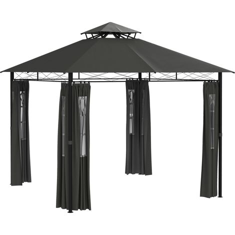 Pérgola de jardín 3 x 3 m de metal gris oscuro con pared lateral y techo doble (1/5)