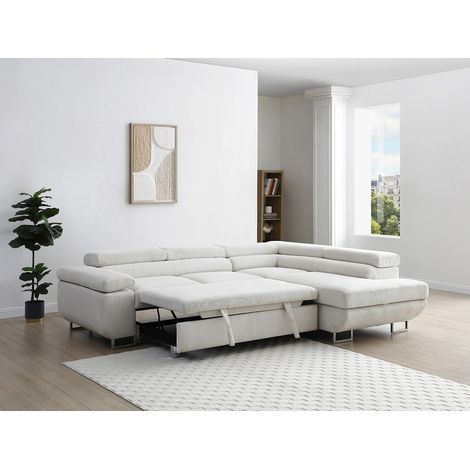 Canapé d'angle droit convertible en velours côtelé beige NURAZIO (1/4)
