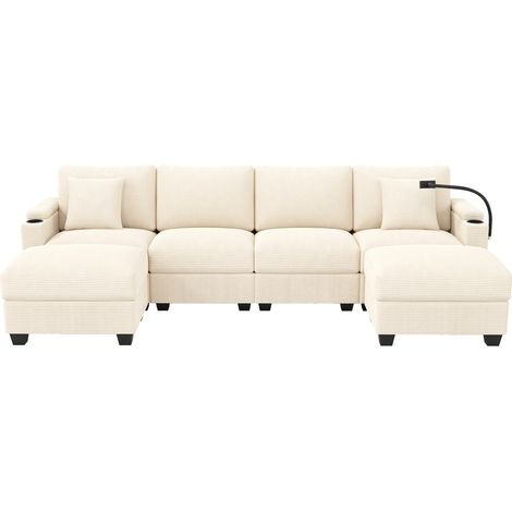 Sofá cama modular en U de pana beige HOMVRA (1/5)