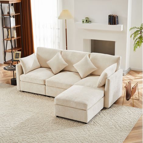 Divano angolare modulabile 216x161x81 cm in tessuto chenille beige, per salotto FloraGrace (1/5)