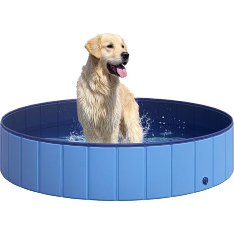 Beyamis Zusammenklappbare Hundebadewanne, Hundepool, Planschbecken, Schwimmbecken, Wasserbecken für Hunde und Katzen, Schwimmbecken, Kunststoff + Holz, blau, Ø 140 x H 30 cm
