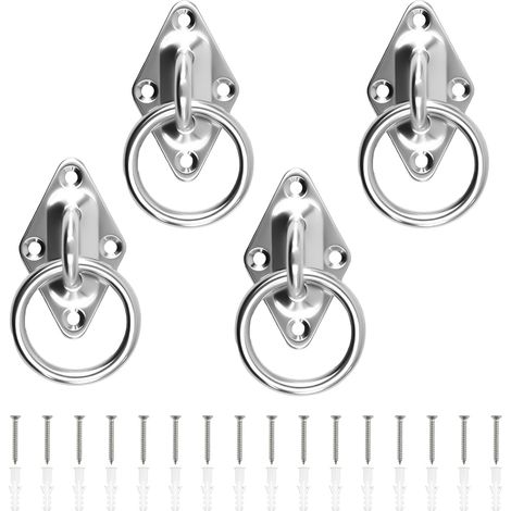 4 Pièces Anneau de Fixation, Acier Inoxydable Anneaux pour Chevaux, Œillet de 5 mm, Base en Forme de Losange, avec Vis et Tube de Diffusion, Adapté Poteaux en Bois, Murs Pleins (1/5)