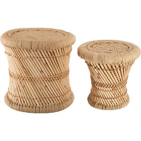 Atmosphera – Ensemble de 2 tables gigognes en bambou et corde – Dimensions : Diam. 38 x H. 38 cm et Diam. 30 x H. 32 cm – Design ethnique naturel (1/6)