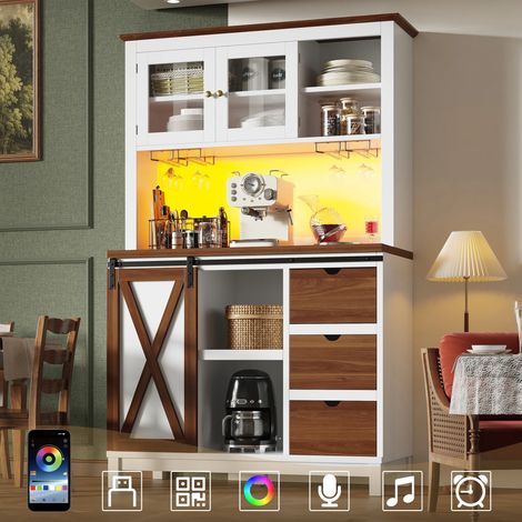 Moderner Hochschrank mit LED Beleuchtung & App-Steuerung, Küchenschrank oder Esszimmerschrank mit Schublade, Sideboard mit Schiebetür und drei Schubladen,Weiß