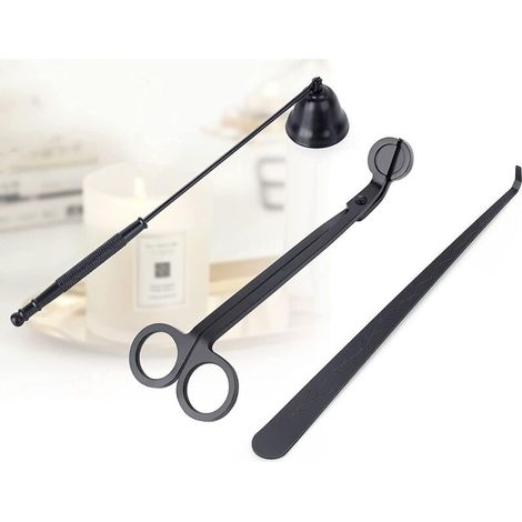 Schwarzes 3-in-1-Kerzenzubehörset bestehend aus Kerzenschneider, Kerzenlöscher und Kolben, für Kerzenliebhaber. (1/5)