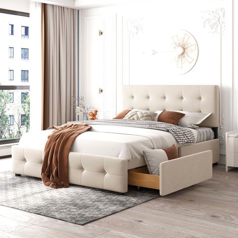 Polsterbett 140/200 cm Beige aus Samt mit 4 Schubladen und Lattenrost (1/5)