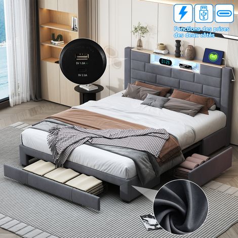 Pergar – Lit adulte 140x200 avec 3 tiroirs de rangement – Sommier à lattes – Éclairage LED – Velours gris – Capacité de charge 300 kg (1/5)