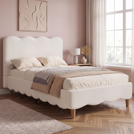 Lit capitonné, lit simple, lit enfant 90 x 200 cm, sommier à lattes et tête de lit assortie, pieds de lit en bois massif, tête de lit capitonnée en bouclé blanc (1/5)