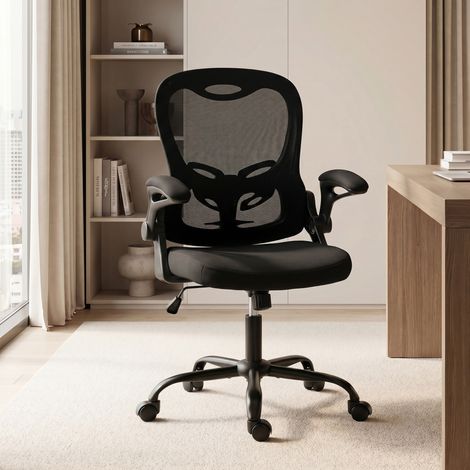 Chaise Bureau Ergonomique, Fauteuil de Bureau Maille, Accoudoirs Relevables, Hauteur Réglable, Fonction Bascule, Noir (1/5)
