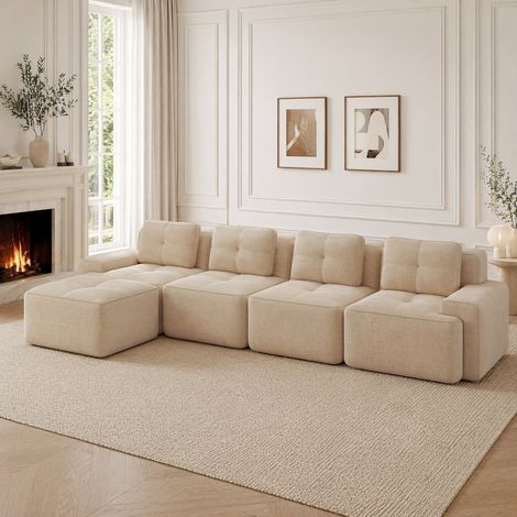 Divano angolare modulare 4 posti con chaise longue, tessuto corduroy beige HAVRYA (1/5)