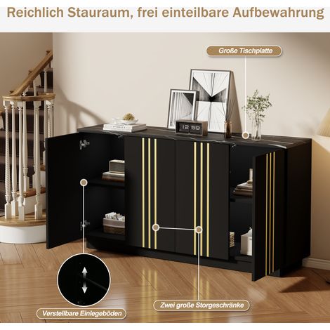 Meuble de salon avec 4 portes, 35 x 140 x 70 cm, noir et or. Armoire de rangement à lignes dorées, étagères réglables, idéale pour chambre et séjour. (1/5)