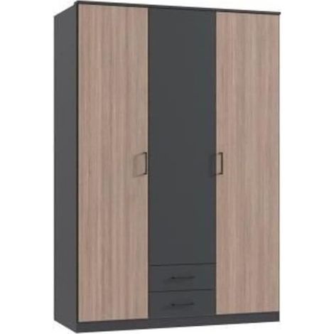 Armoire de chambre - AGIA - Graphite - 3 portes battantes - 2 tiroirs - 135 x 199 x 58 cm (1/3)