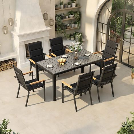 Devoko – Ensemble table et chaise de jardin 6 personnes – 150 cm table en aluminium – 6 chaises empilables – Aspect bois – Gris (1/5)
