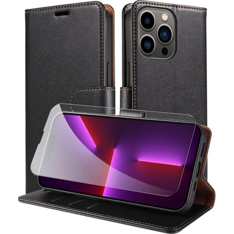 APPLE IPHONE 13 PRO FLAP CASE SCHWARZ PU-LEDER GEHÄRTETES GLAS (1/5)