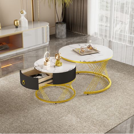 Set tavolini a incastro 70x70x45/50x50x40 cm MDF metallo bianco oro FloraGrace (1/5)