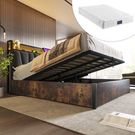 FLORAGRACE Lit coffre 160x200 cm gris en lin, tête de lit LED App-Control avec USB et prises (1/5)