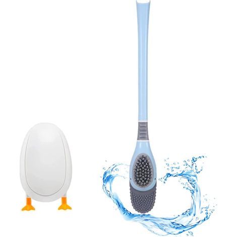Brosse de Toilette en Canard de Plongée Balais WC Hygienique Salle de Bain Accessoires Balayette Silicone Poils Flexibles Poignée en Plastique Antidérapante avec Support Suspendu Mural, Bleu (1/5)