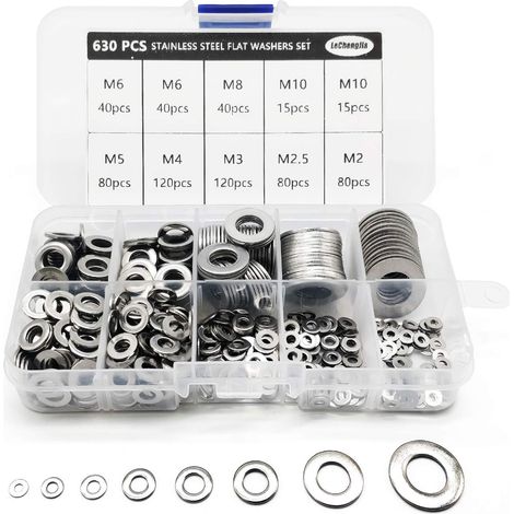 630 Pièces Inox Rondelles Plates Metal, 8 Tailles Rondelles Acier Inoxydabl 304 - M2 M2.5 M3 M4 M5 M6 M8 M10 Rondelle Inox pour Vis et écrous Pour La DéCoration de La Maison, Les Usines de RéParation (1/5)
