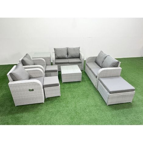 Fimous 9 Seater Outdoor Reclining Chair Love Sofa Set Rattan Garden Furniture Set with Square Coffee Table 3 Stools Side Table Light Grey (1/4)