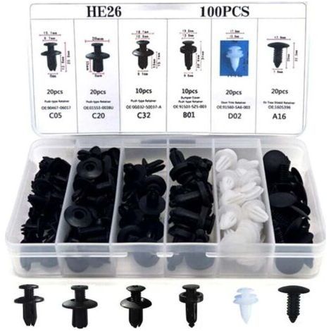 Clips de rivetage en plastique – rivets universels noirs en plastique pour panneaux de portières de voiture, avec boîte de rangement et outil de pose, 100 pièces (1/4)