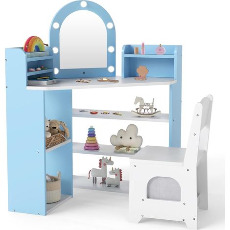 COSTWAY Toeletta Trucco per Bambini 3+ Anni con Luci, Tavolo Trucco e Sedia Principessa con 3 Mensole Portaoggetti, 5 Scomparti Aperti e Accessori Inclusi, Set Mobile per Cameretta Bambina (1/5)