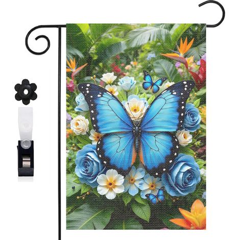 Drapeau de jardin Welcome et bouquet de roses bleues 30 x 45 cm décoration cour et balcon (1/5)