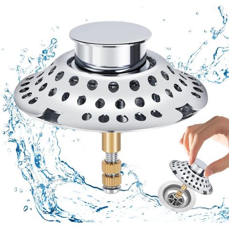 Bouchon de Baignoire 2 en 1 avec Filtre à Cheveux, Filtre de vidange, Attrape-Cheveux, Bouchon de Baignoire réglable en Hauteur,vidange en Laiton Surface chromée, Inoxydable (1/5)